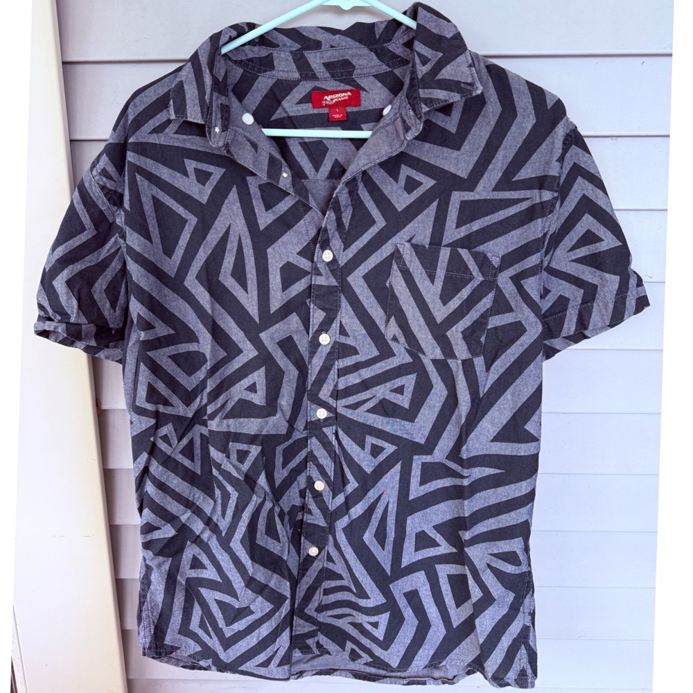 Arizona Jean Co Mens Short Sleeve‎ Button Down Shirt Blue Gray Geometric L